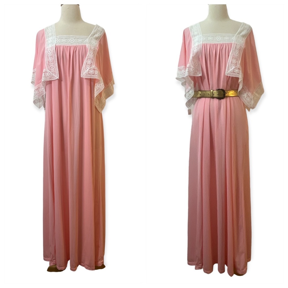 1970’s Pink Bohemian Maxi Slip Dress , White Lace Trim, Medium
